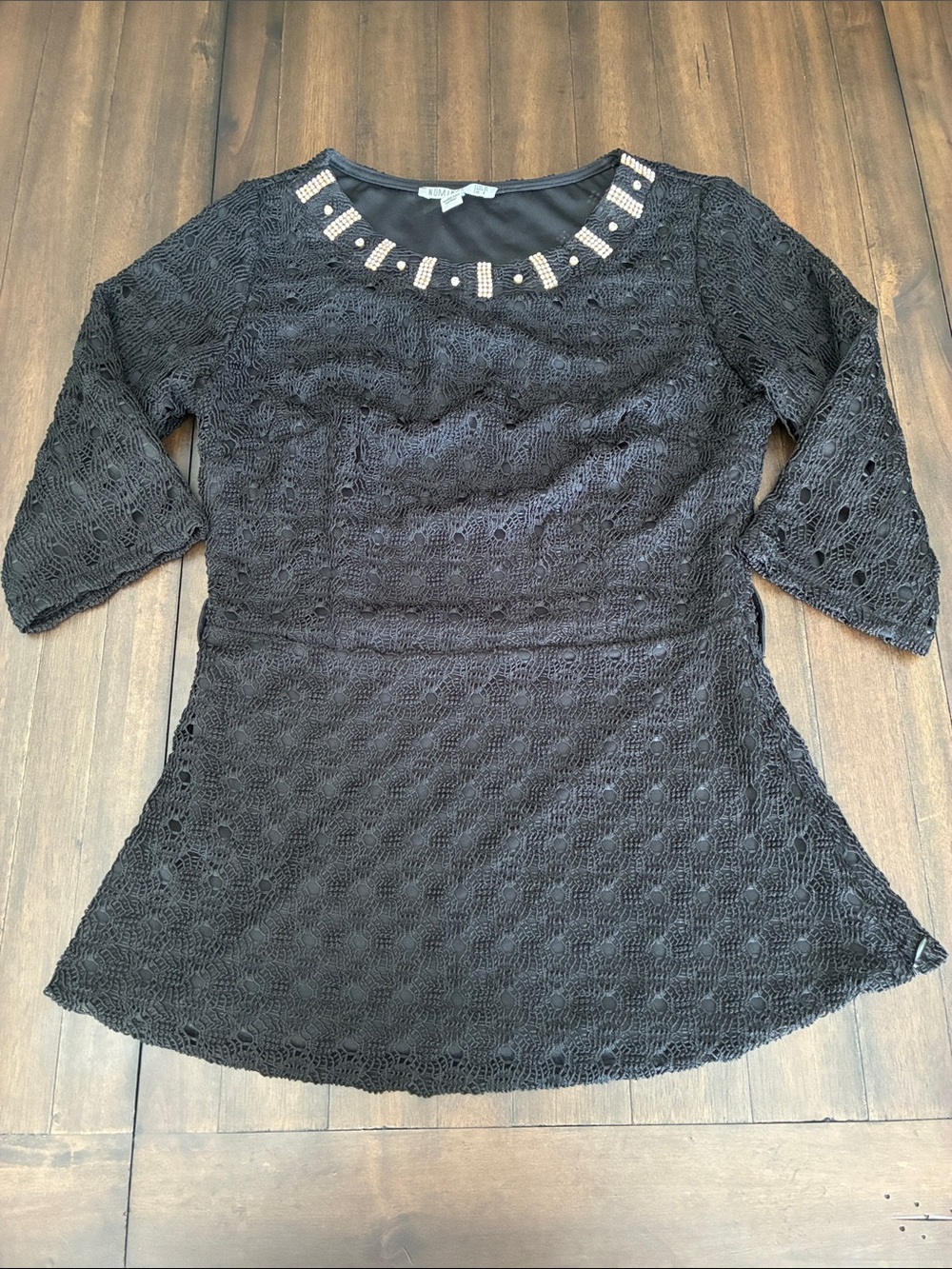 Embellished Black Crochet Tunic Blouse - Women